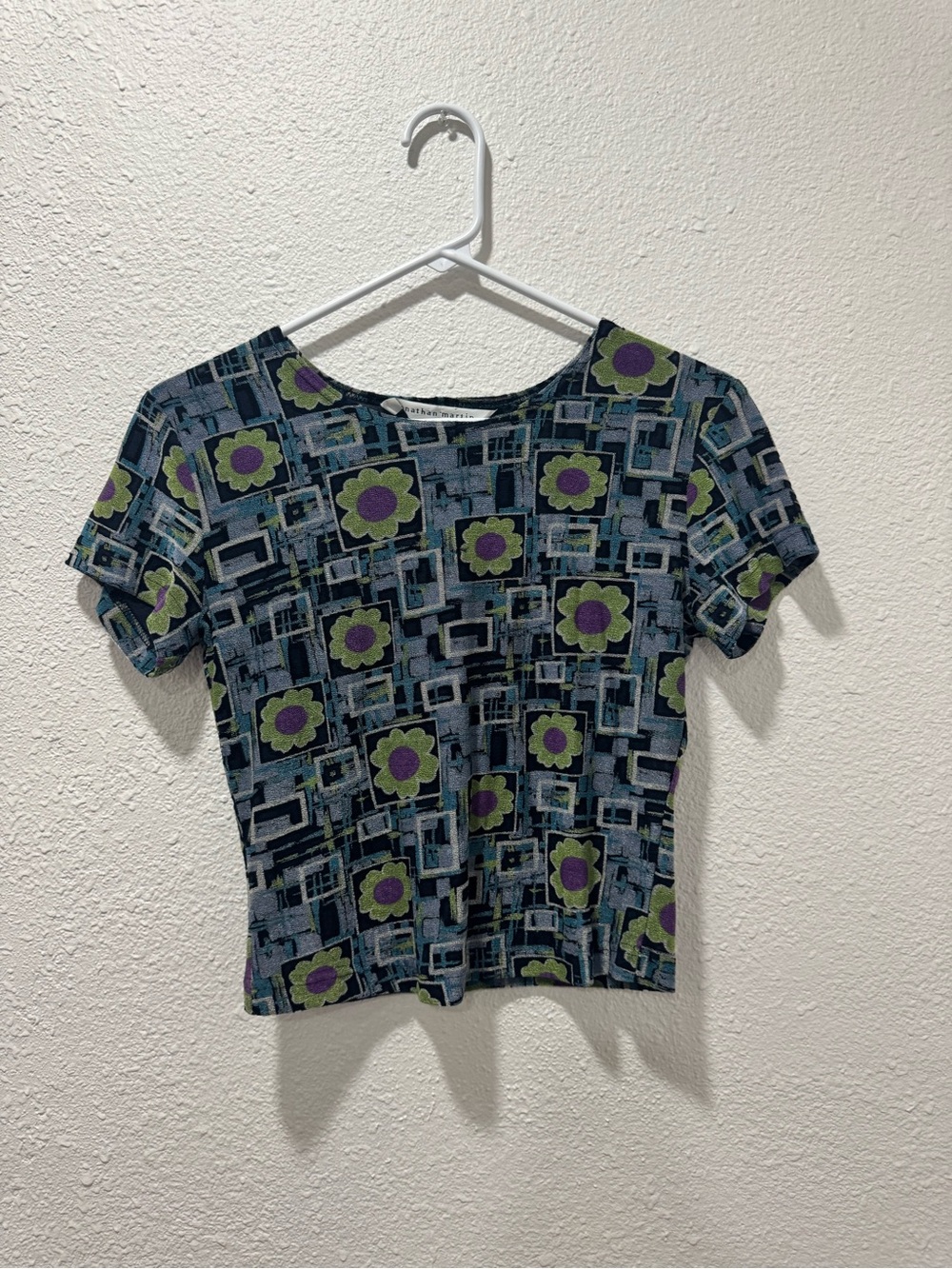 Women’s Short Sleeve Floral Geometric Print Top - Blue & Green